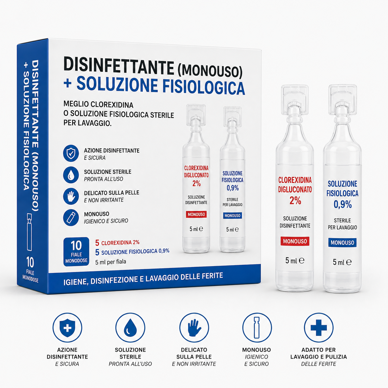 Disinfettante (monouso) + soluzione fisiologica